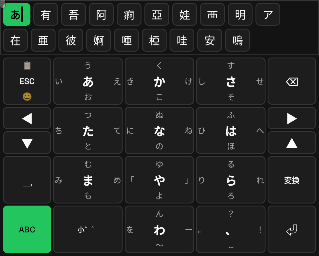 日本語入力中。上に変換候補バーが出ている